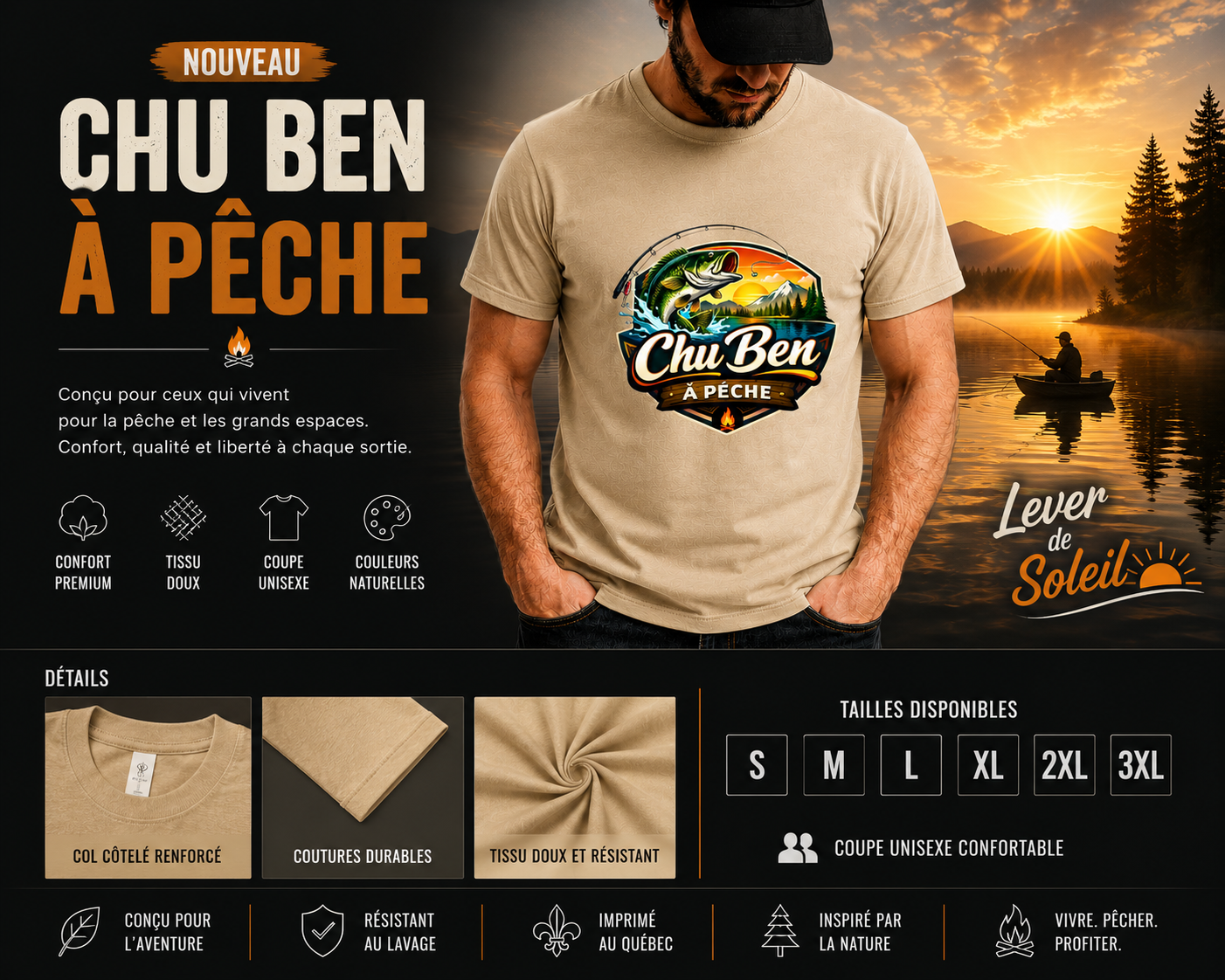T-Shirt Chu Ben à Pêche Sable Lever Soleil