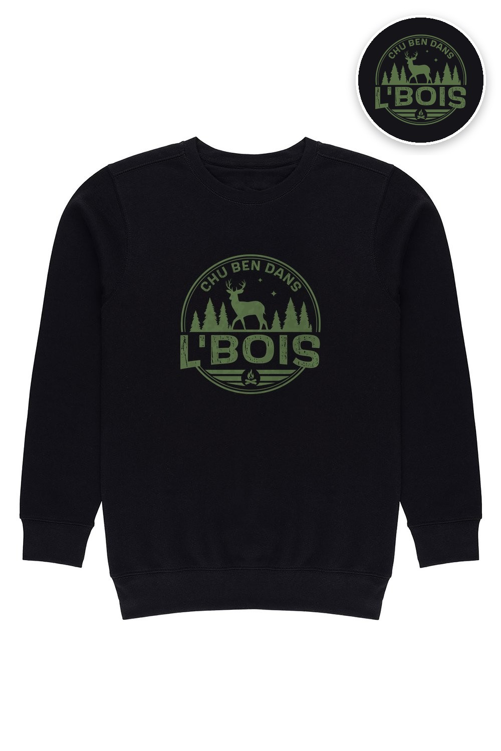 Crewneck Noir Chu Ben dans L'Bois avec logo kaki