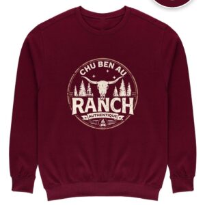 Crewneck Maroon Chu Ben au Ranch, design Sceau Authentique